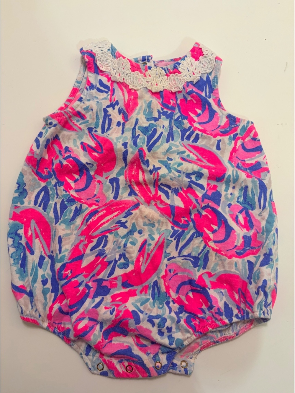 Lilly Pulitzer Floral Romper Bodysuit Lace Collar Size 12-18 Months